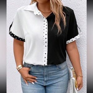Classic Plus Size Color Block Polka Dot Button Down Shirt Top Blouse Black White
